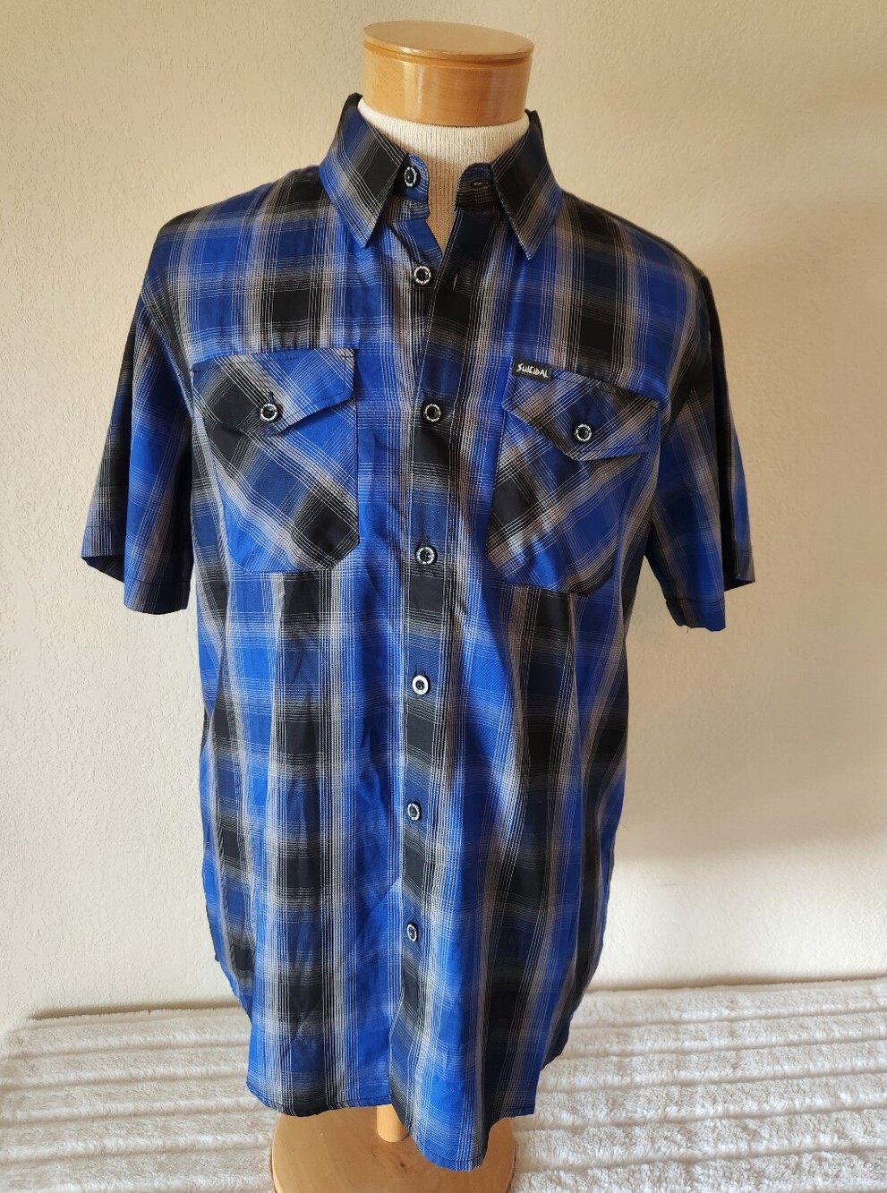 Dixxon Suicidal Tendencies Men's Blue Plaid Bamboo/Poly Short Sleeve Shirt Large